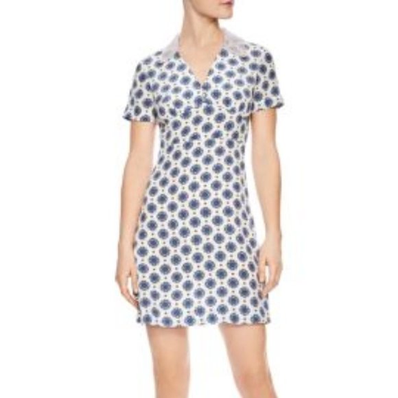 NWOT Sandro Enya Small Blue Geometric Print size 36 Small Silk Mini Dress - Picture 2 of 8